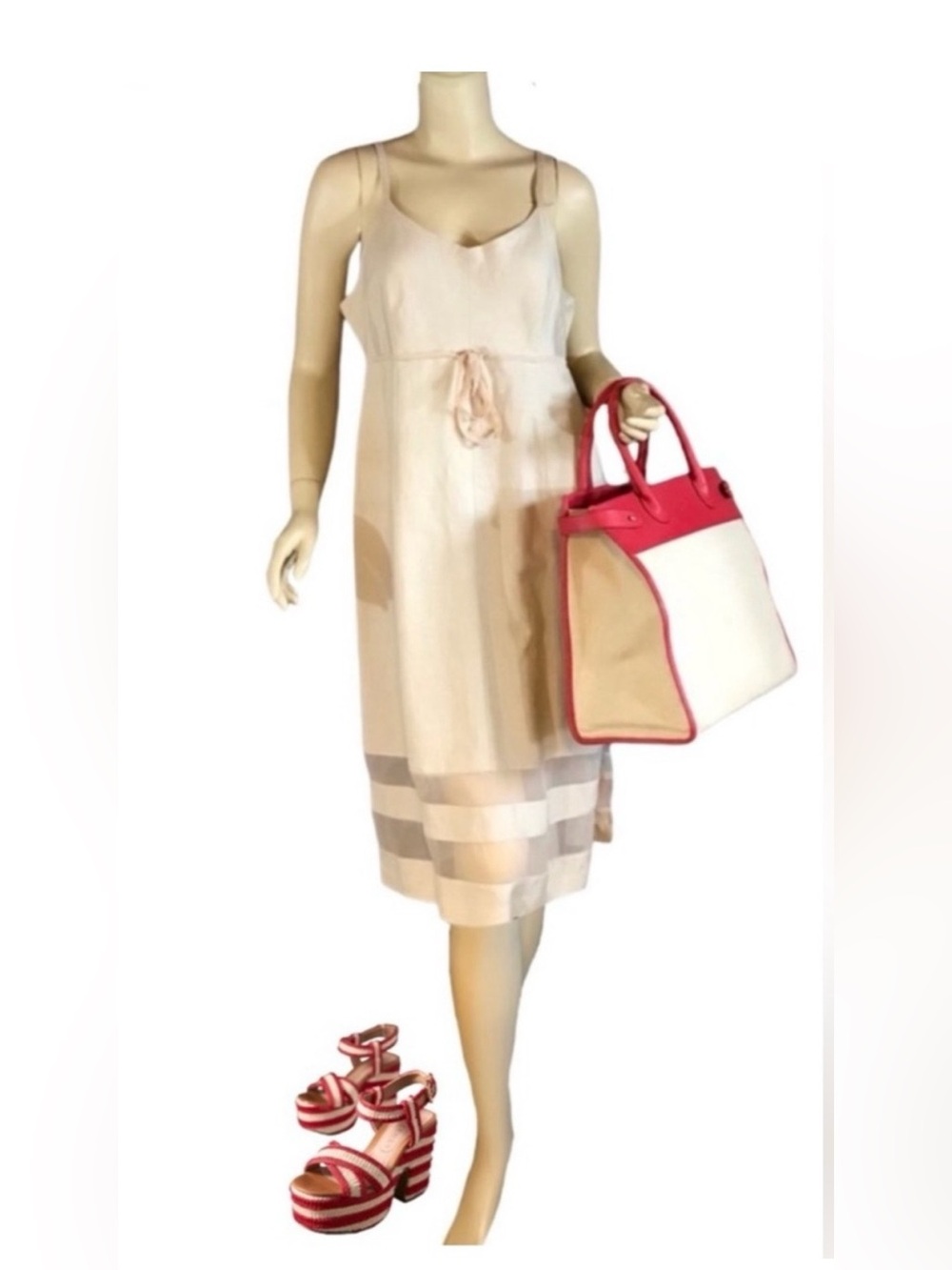 VINTAGE 1990'S SHERRY TAYLOR BEIGE SHIFT DRESS WITH MESH STRIPE ACCENTS (L)